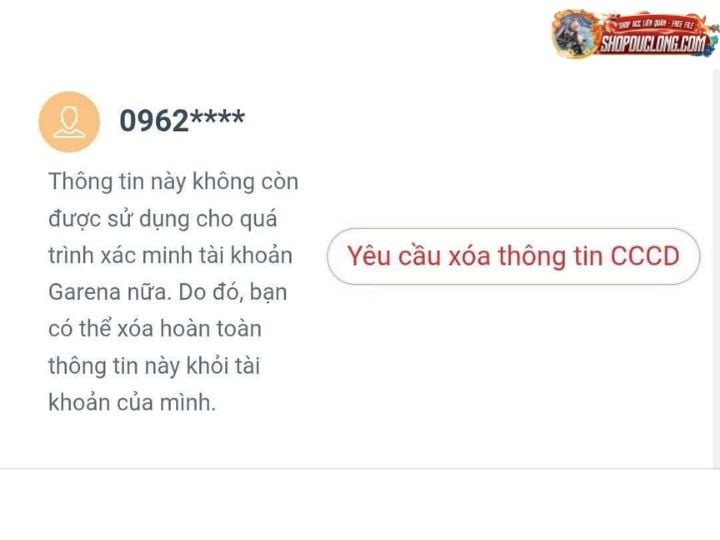 Hướng dẫn xóa CCCD khỏi tài khoản Garena Liên Quân an toàn và nhanh chóng nút yêu cầu xoá thông tin cccd