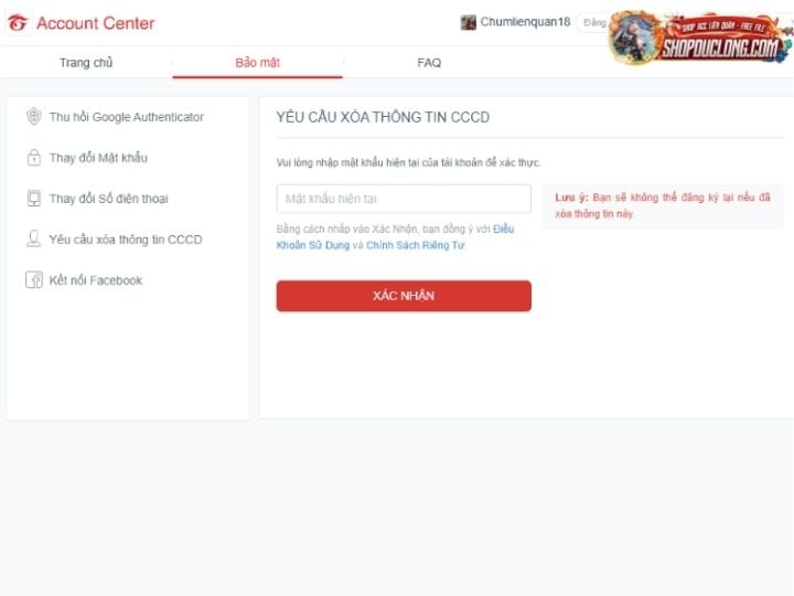 Hướng dẫn xóa CCCD khỏi tài khoản Garena Liên Quân an toàn và nhanh chóng xác nhận mật khẩu hiện tại