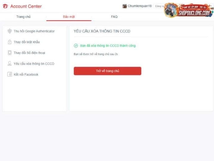 Hướng dẫn xóa CCCD khỏi tài khoản Garena Liên Quân an toàn và nhanh chóng thông báo xoá cccd thành công