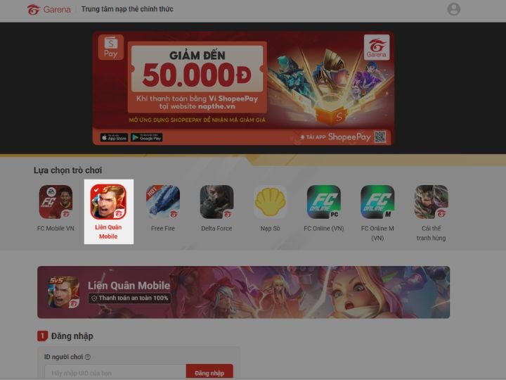 Cách Nạp Quân Huy Liên Quân An Toàn, Nhanh Chóng Và Đúng Chuẩn Chọn game Liên Quân Mobile trên trung tâm nạp thẻ Garena
