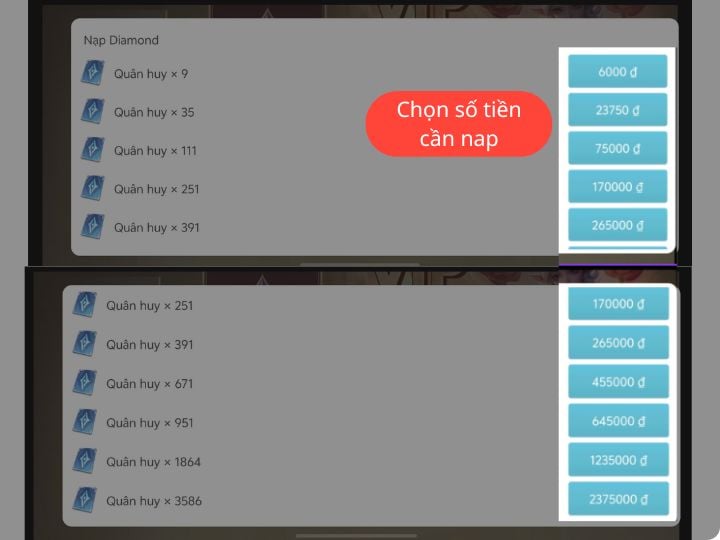 Cách Nạp Quân Huy Liên Quân An Toàn, Nhanh Chóng Và Đúng Chuẩn Chọn số tiền cần nạp quân huy trực tiếp trong game Liên Quân