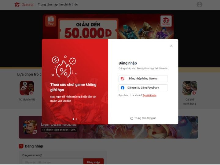 Cách Nạp Quân Huy Liên Quân An Toàn, Nhanh Chóng Và Đúng Chuẩn Đăng nhập tài khoản Garena hoặc Facebook để nạp quân huy